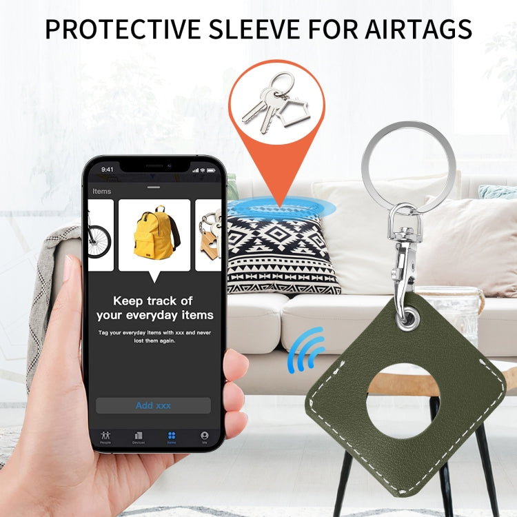 Square PU Leather Case Shockproof Anti-scratch Protective Cover with Keychain Ring Loop For AirTag(Army Green) - Key Chain Series by MOMAX | Online Shopping UK | buy2fix