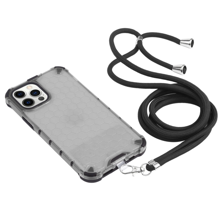 For iPhone 12 Pro Max Shockproof Honeycomb PC + TPU Case with Neck Lanyard(Grey) - iPhone 12 Pro Max Cases by buy2fix | Online Shopping UK | buy2fix