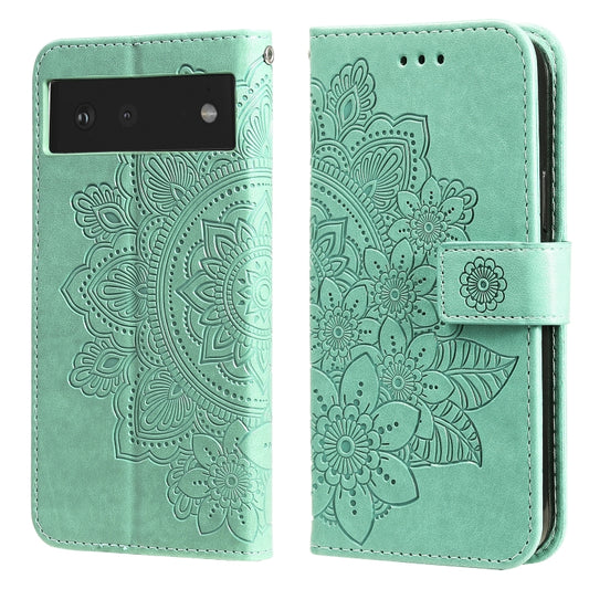 For Google Pixel 6 7-petal Flowers Embossing Pattern Horizontal Flip PU Leather Case with Holder & Card Slots & Wallet & Photo Frame(Green) - Google Cases by buy2fix | Online Shopping UK | buy2fix