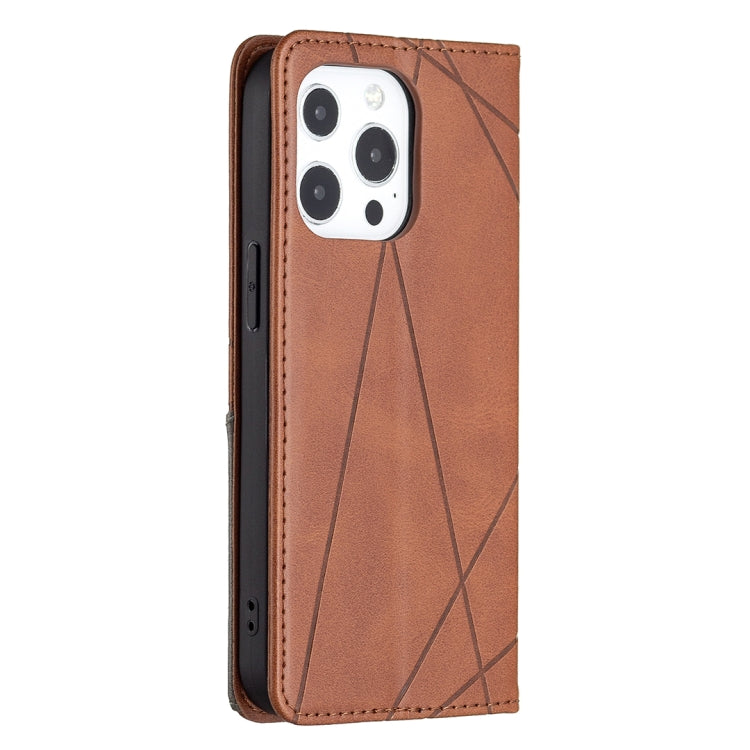 For iPhone 13 Pro Max Rhombus Texture Horizontal Flip Magnetic Leather Case with Holder & Card Slots (Brown) - iPhone 13 Pro Max Cases by buy2fix | Online Shopping UK | buy2fix