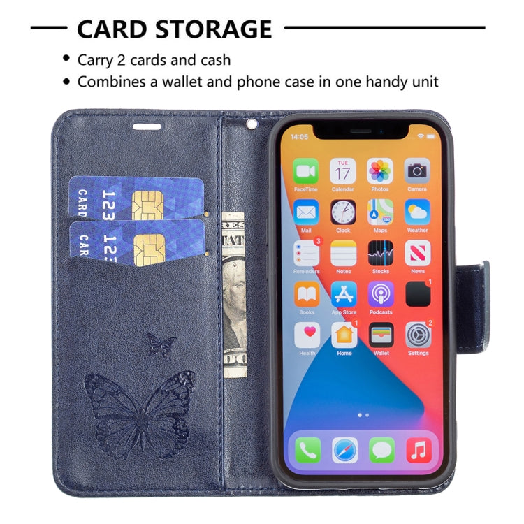 For iPhone 13 Pro Embossing Two Butterflies Pattern Horizontal Flip PU Leather Case with Holder & Card Slot & Wallet & Lanyard (Blue) - iPhone 13 Pro Cases by buy2fix | Online Shopping UK | buy2fix