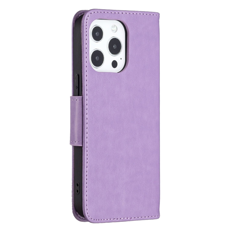 For iPhone 13 Pro Max Embossing Two Butterflies Pattern Horizontal Flip PU Leather Case with Holder & Card Slot & Wallet & Lanyard (Purple) - iPhone 13 Pro Max Cases by buy2fix | Online Shopping UK | buy2fix