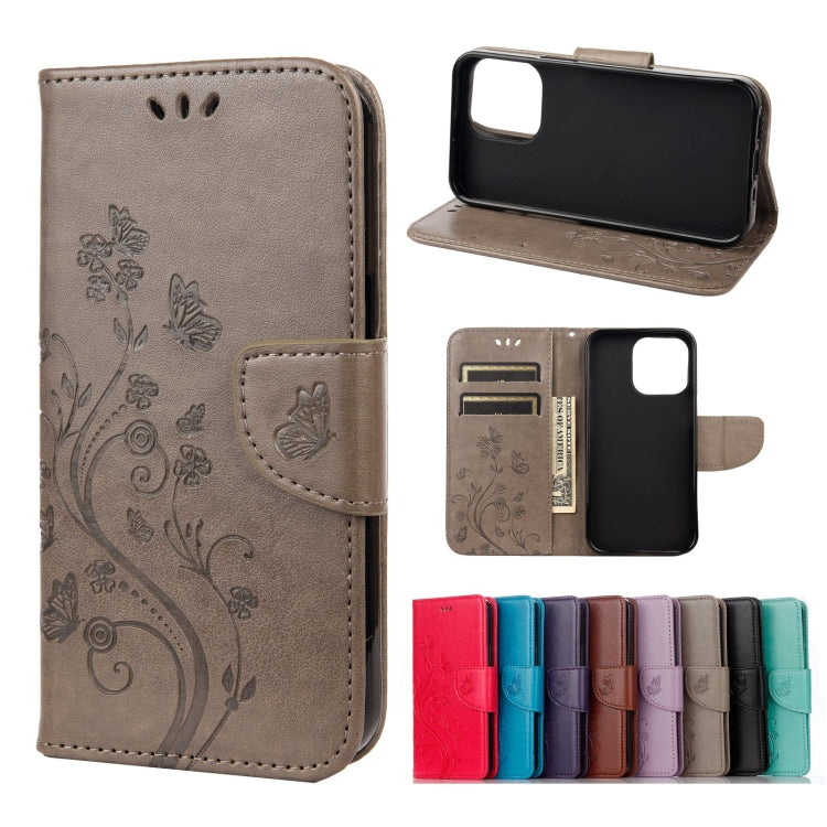 For iPhone 13 Pro Butterfly Flower Pattern Horizontal Flip Leather Case with Holder & Card Slots & Wallet (Grey) - iPhone 13 Pro Cases by buy2fix | Online Shopping UK | buy2fix