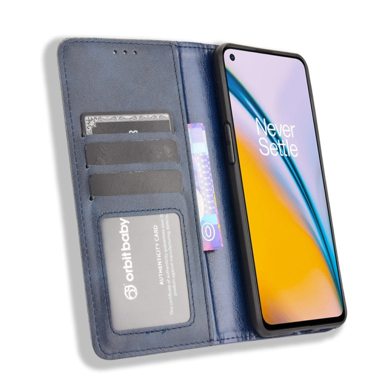 For OnePlus Nord 2 5G Magnetic Buckle Retro Crazy Horse Texture Horizontal Flip Leather Case with Holder & Card Slots & Photo Frame(Blue) - OnePlus Cases by buy2fix | Online Shopping UK | buy2fix