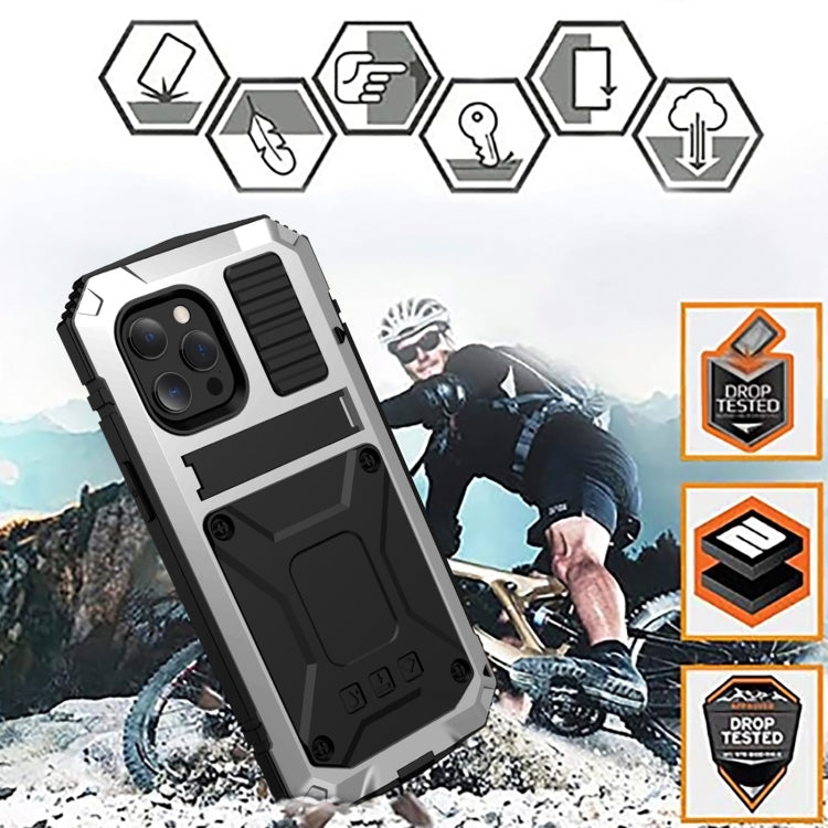 For iPhone 13 mini R-JUST Shockproof Waterproof Dust-proof Metal + Silicone Protective Case with Holder (Silver) - iPhone 13 mini Cases by R-JUST | Online Shopping UK | buy2fix