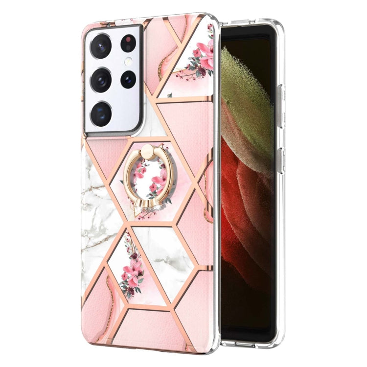 For Samsung Galaxy S21 Ultra 5G Electroplating Splicing Marble Flower Pattern TPU Shockproof Case with Rhinestone Ring Holder(Pink Flower) - Galaxy S21 Ultra 5G Cases by buy2fix | Online Shopping UK | buy2fix