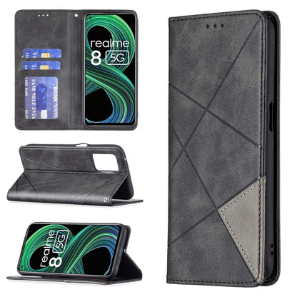 For OPPO Realme 8 5G / V13 Rhombus Texture Horizontal Flip Magnetic Leather Case with Holder & Card Slots(Black) - Realme Cases by buy2fix | Online Shopping UK | buy2fix