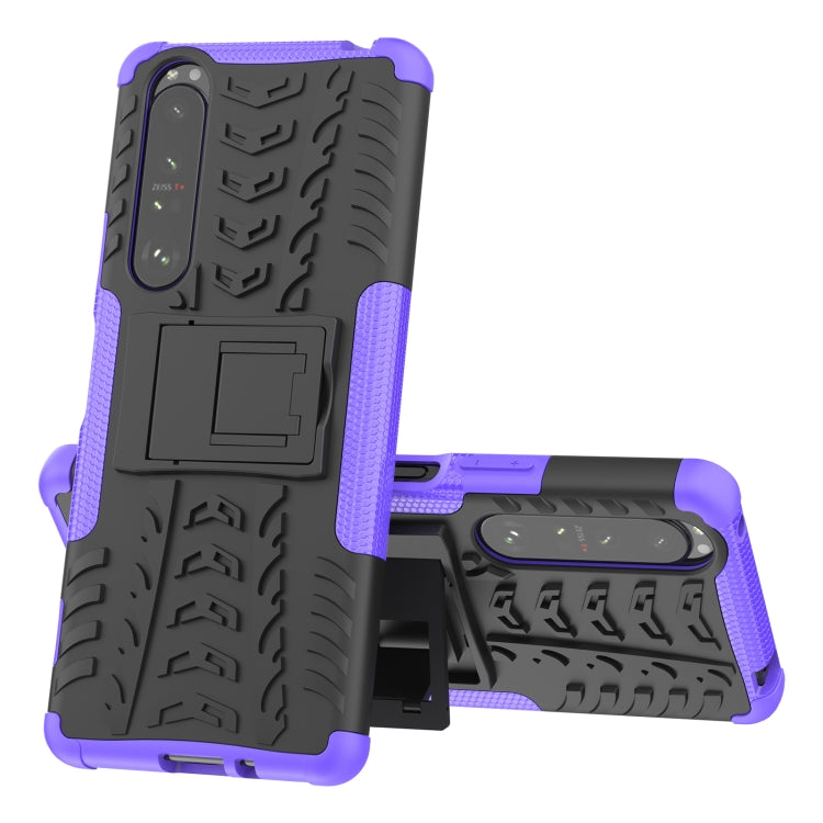 For Sony Xperia 1 III Tire Texture Shockproof TPU+PC Protective Case with Holder(Purple) - Sony Cases by buy2fix | Online Shopping UK | buy2fix