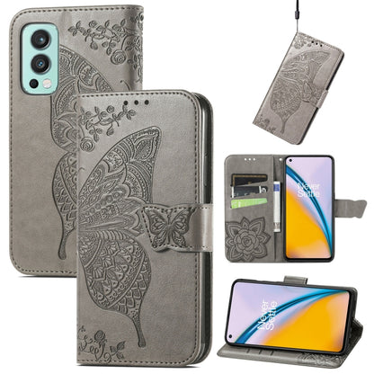 Butterfly Love Flowers Embossed Horizontal Flip Leather Case with Holder & Card Slots & Wallet & Lanyard For OnePlus Nord 2 5G(Gray) - OnePlus Cases by buy2fix | Online Shopping UK | buy2fix