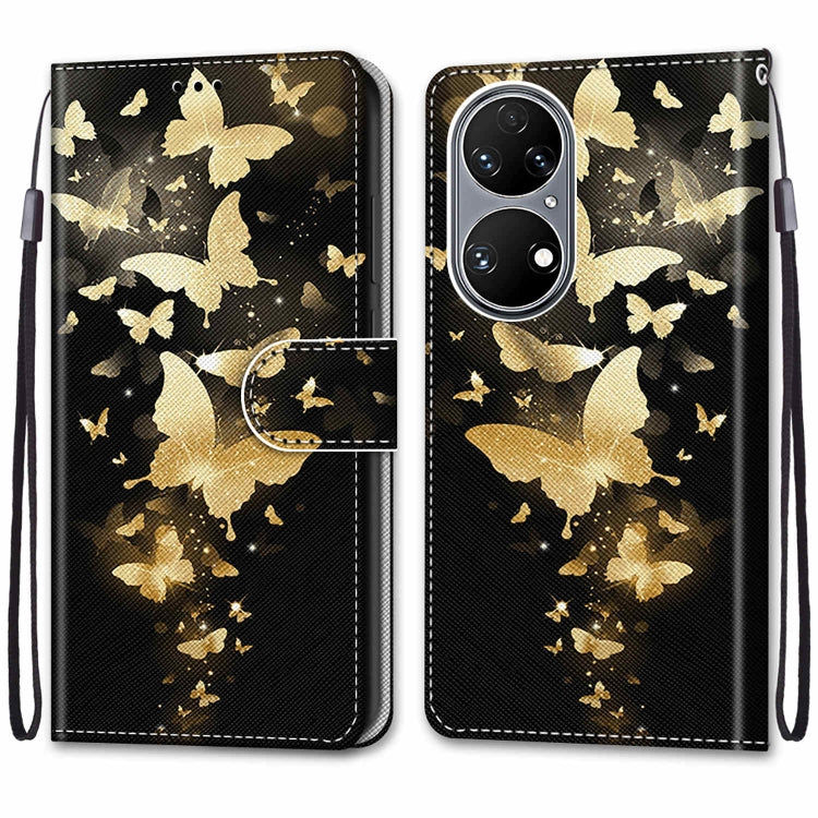 For Huawei P50 Coloured Drawing Cross Texture Horizontal Flip PU Leather Case with Holder & Card Slots & Wallet & Lanyard(Golden Butterfly Group) - Huawei Cases by buy2fix | Online Shopping UK | buy2fix