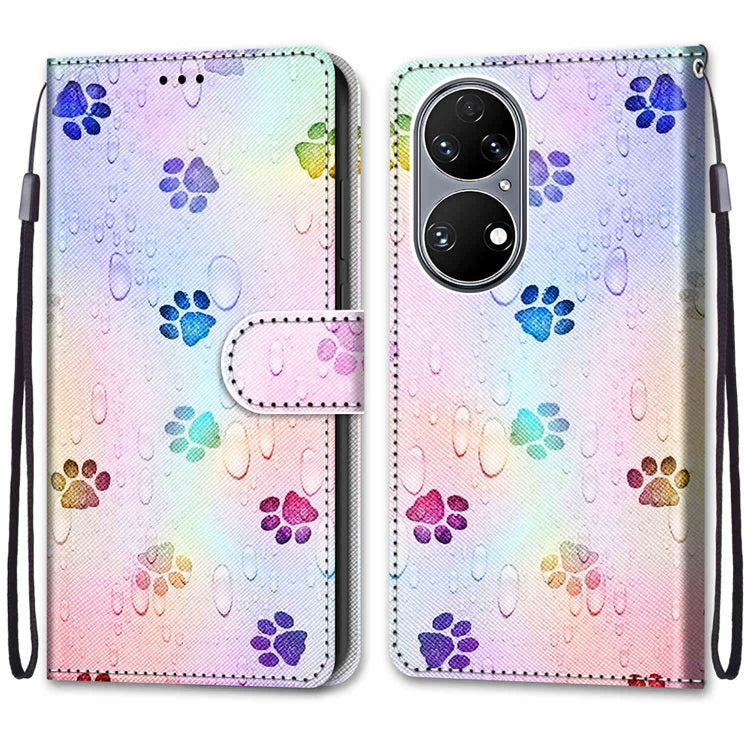 For Huawei P50 Coloured Drawing Cross Texture Horizontal Flip PU Leather Case with Holder & Card Slots & Wallet & Lanyard(Footprint Water Drops) - Huawei Cases by buy2fix | Online Shopping UK | buy2fix