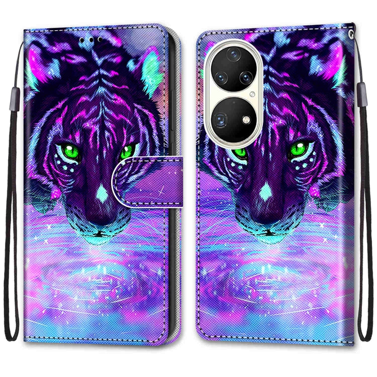 For Huawei P50 Pro Coloured Drawing Cross Texture Horizontal Flip PU Leather Case with Holder & Card Slots & Wallet & Lanyard(Tiger Drinking Water) - Huawei Cases by buy2fix | Online Shopping UK | buy2fix