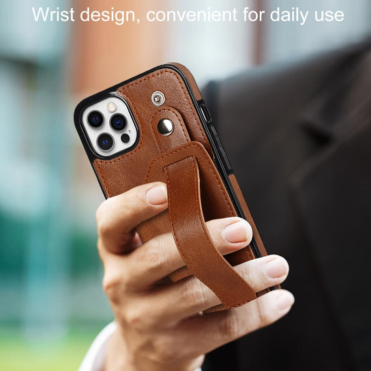 For iPhone 12 Pro Max Crazy Horse Texture Shockproof TPU + PU Leather Case with Card Slot & Wrist Strap Holder(Brown) - iPhone 12 Pro Max Cases by buy2fix | Online Shopping UK | buy2fix