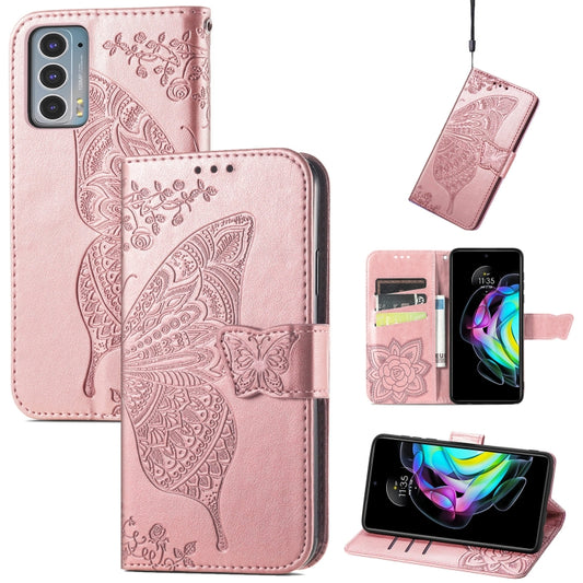 For Motorola Moto Edge 20 Butterfly Love Flower Embossed Horizontal Flip Leather Case with Holder & Card Slots & Wallet & Lanyard(Rose Gold) - Motorola Cases by buy2fix | Online Shopping UK | buy2fix