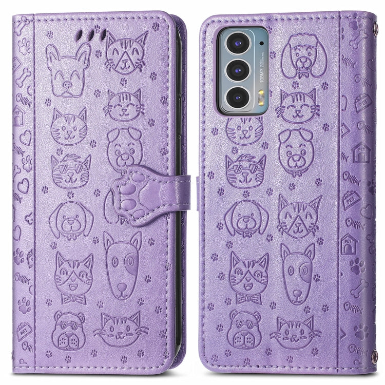 For Motorola Moto Edge 20 Lovely Cat and Dog Embossing Pattern Horizontal Flip Leather Case , with Holder & Card Slots & Wallet & Cartoon Clasp & Lanyard(Purple) - Motorola Cases by buy2fix | Online Shopping UK | buy2fix