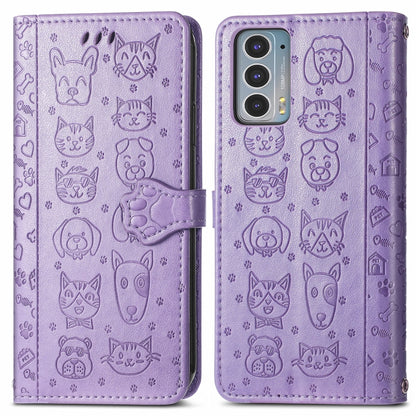 For Motorola Moto Edge 20 Lovely Cat and Dog Embossing Pattern Horizontal Flip Leather Case , with Holder & Card Slots & Wallet & Cartoon Clasp & Lanyard(Purple) - Motorola Cases by buy2fix | Online Shopping UK | buy2fix