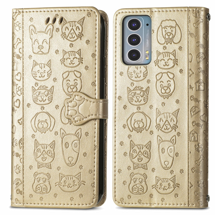 For Motorola Moto Edge 20 Lovely Cat and Dog Embossing Pattern Horizontal Flip Leather Case , with Holder & Card Slots & Wallet & Cartoon Clasp & Lanyard(Gold) - Motorola Cases by buy2fix | Online Shopping UK | buy2fix