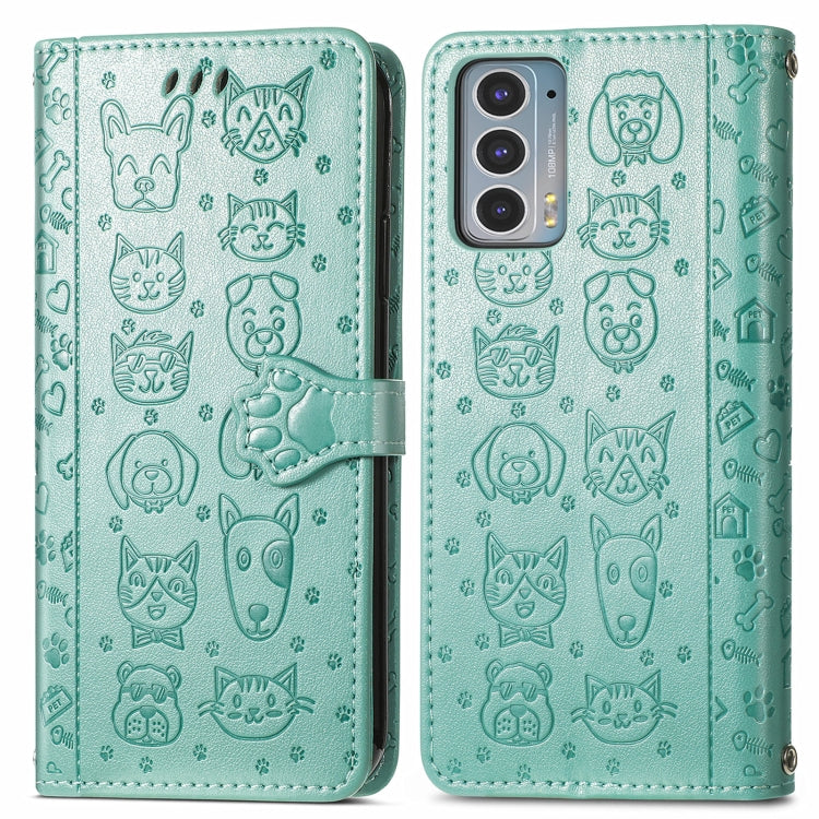 For Motorola Moto Edge 20 Lovely Cat and Dog Embossing Pattern Horizontal Flip Leather Case , with Holder & Card Slots & Wallet & Cartoon Clasp & Lanyard(Green) - Motorola Cases by buy2fix | Online Shopping UK | buy2fix