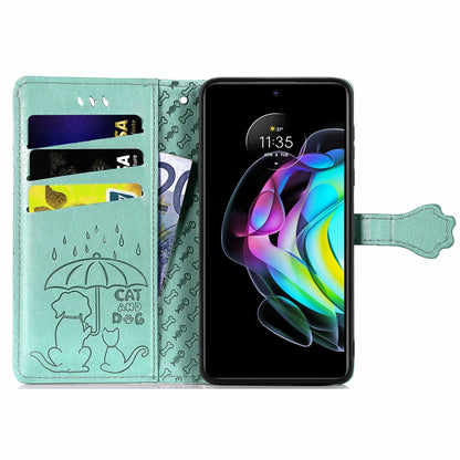 For Motorola Moto Edge 20 Lovely Cat and Dog Embossing Pattern Horizontal Flip Leather Case , with Holder & Card Slots & Wallet & Cartoon Clasp & Lanyard(Green) - Motorola Cases by buy2fix | Online Shopping UK | buy2fix