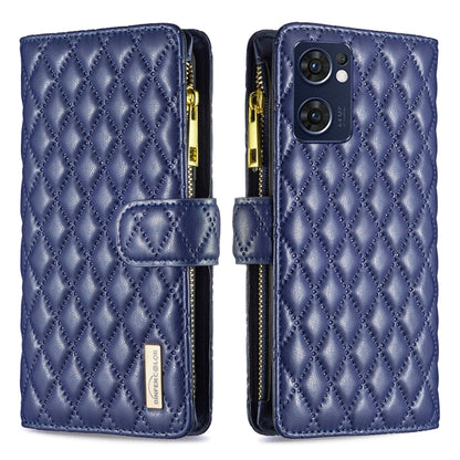 For OPPO Find X5 Lite / Reno7 5G Diamond Lattice Zipper Wallet Leather Flip Phone Case(Blue) - OPPO Cases by buy2fix | Online Shopping UK | buy2fix