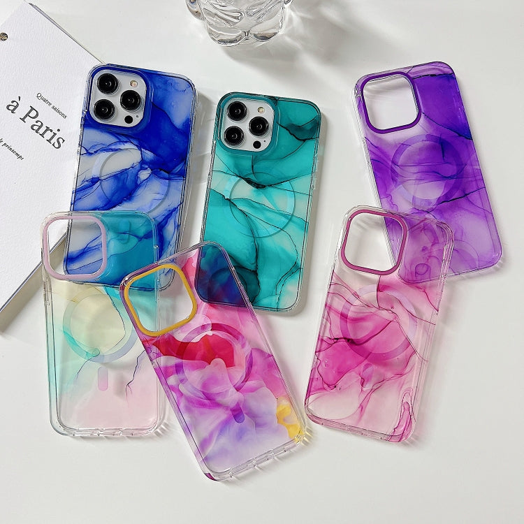 For iPhone 14 Plus Marble Dual-side Laminating Magsafe Phone Case(White Purple) - iPhone 14 Plus Cases by buy2fix | Online Shopping UK | buy2fix