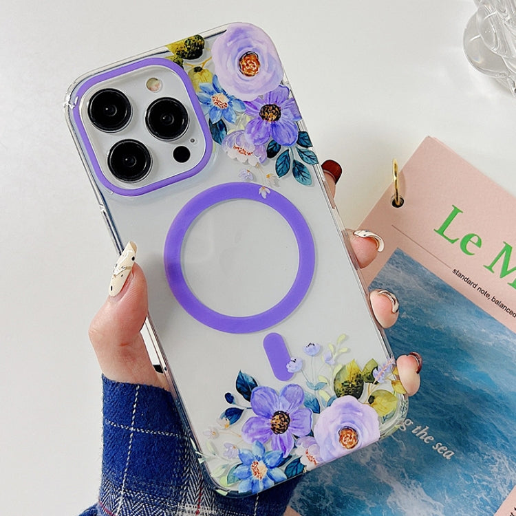 For iPhone 14 Pro Flowers Dual-side Laminating Magsafe Phone Case(Purple) - iPhone 14 Pro Cases by buy2fix | Online Shopping UK | buy2fix