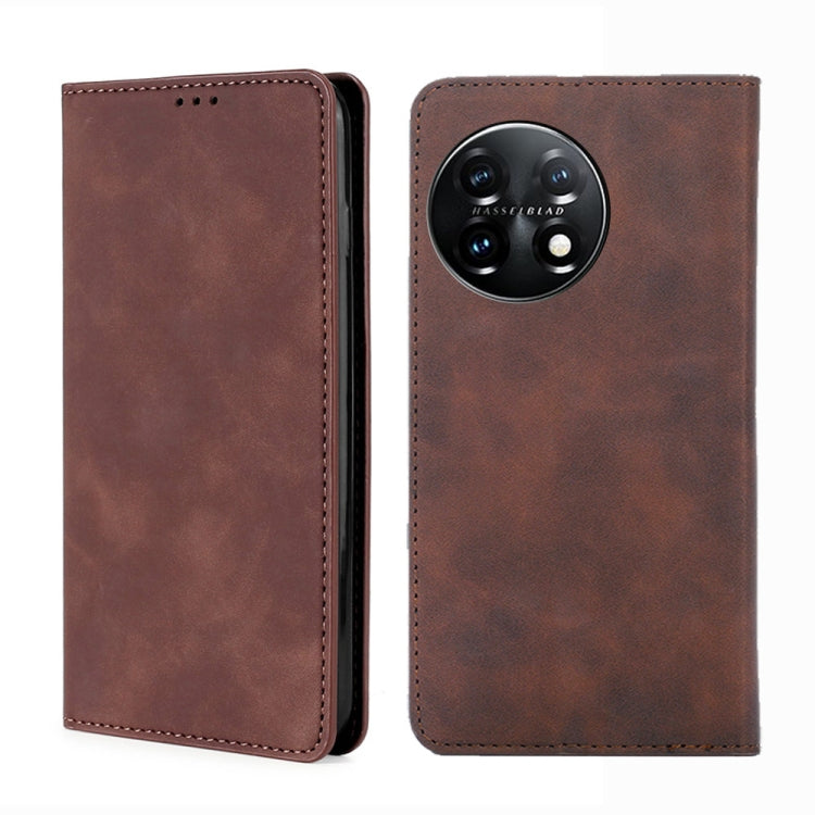 For OnePlus 11 Skin Feel Magnetic Horizontal Flip Leather Phone Case(Dark Brown) - OnePlus Cases by buy2fix | Online Shopping UK | buy2fix