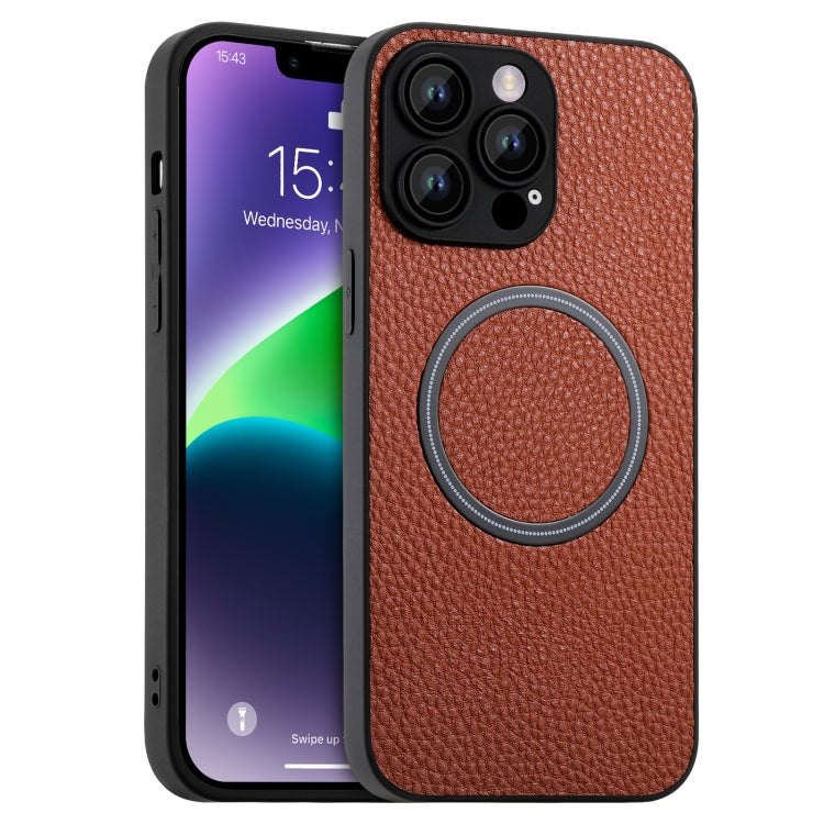 For iPhone 11 Skin Feel Litchi Texture MagSafe Magnetic Phone Case(Brown) - iPhone 11 Cases by buy2fix | Online Shopping UK | buy2fix