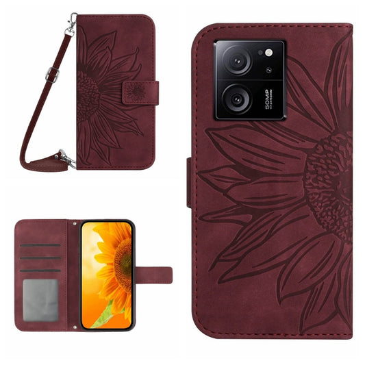 For Xiaomi 13T / 13T Pro Skin Feel Sun Flower Embossed Flip Leather Phone Case with Lanyard(Wine Red) - Xiaomi Cases by buy2fix | Online Shopping UK | buy2fix