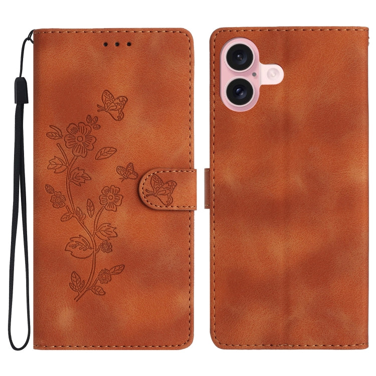 For iPhone 16 Plus Flower Butterfly Embossing Pattern Leather Phone Case(Brown) - iPhone 16 Plus Cases by buy2fix | Online Shopping UK | buy2fix