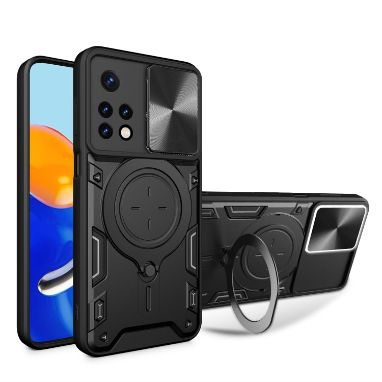 For Xiaomi Redmi Note 11 Global CD Texture Sliding Camshield Magnetic Holder Phone Case(Black) - Xiaomi Cases by buy2fix | Online Shopping UK | buy2fix