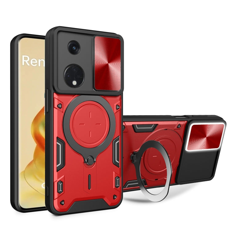 For OPPO Reno8 T 5G CD Texture Sliding Camshield Magnetic Holder Phone Case(Red) - OPPO Cases by buy2fix | Online Shopping UK | buy2fix