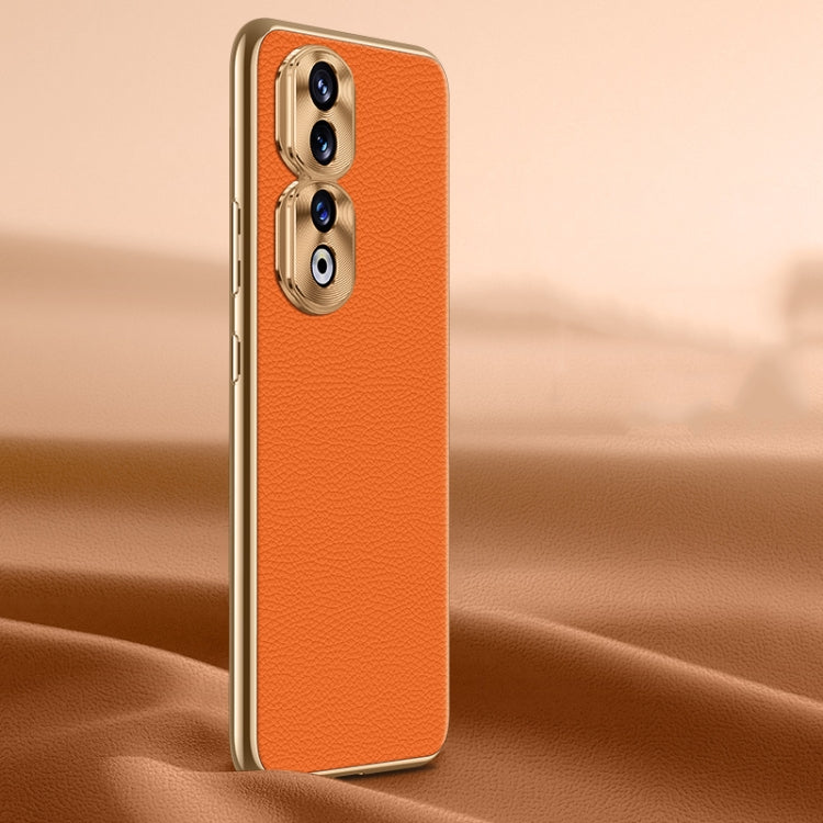 For Honor 90 Pro Litchi Texture Genuine Leather Phone Case(Orange) - Honor Cases by buy2fix | Online Shopping UK | buy2fix