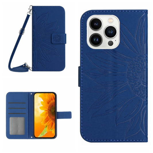 For iPhone 16 Pro Skin Feel Sun Flower Embossed Flip Leather Phone Case with Lanyard(Dark Blue) - iPhone 16 Pro Cases by buy2fix | Online Shopping UK | buy2fix