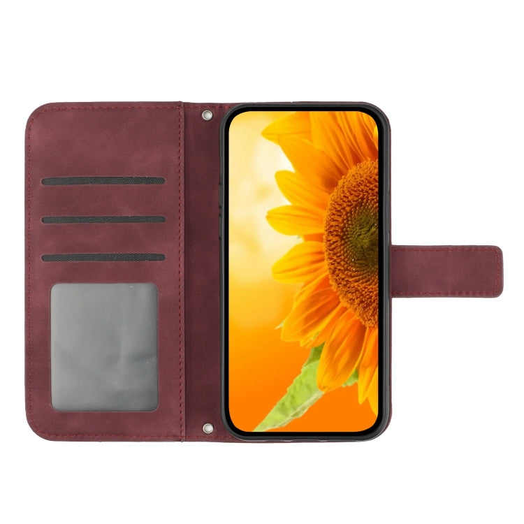 For iPhone 16 Pro Skin Feel Sun Flower Embossed Flip Leather Phone Case with Lanyard(Wine Red) - iPhone 16 Pro Cases by buy2fix | Online Shopping UK | buy2fix