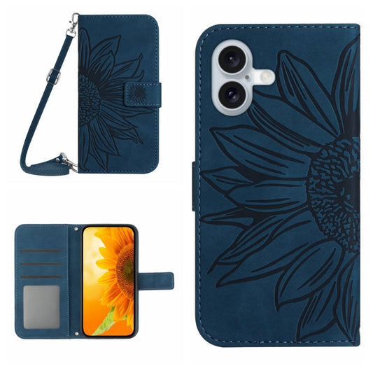 For iPhone 16 Plus Skin Feel Sun Flower Embossed Flip Leather Phone Case with Lanyard(Inky Blue) - iPhone 16 Plus Cases by buy2fix | Online Shopping UK | buy2fix