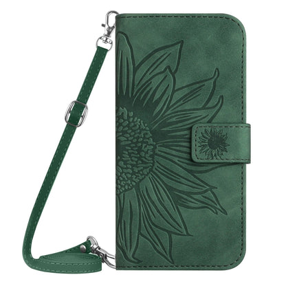 For iPhone 16 Skin Feel Sun Flower Embossed Flip Leather Phone Case with Lanyard(Green) - iPhone 16 Cases by buy2fix | Online Shopping UK | buy2fix