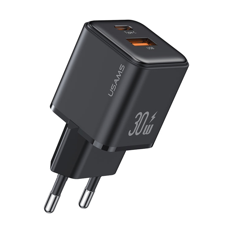 USAMS US-CC189 PD 30W USB+USB-C/Type-C Dual Port Electroplating Charger, EU Plug(Black) - USB Charger by USAMS | Online Shopping UK | buy2fix