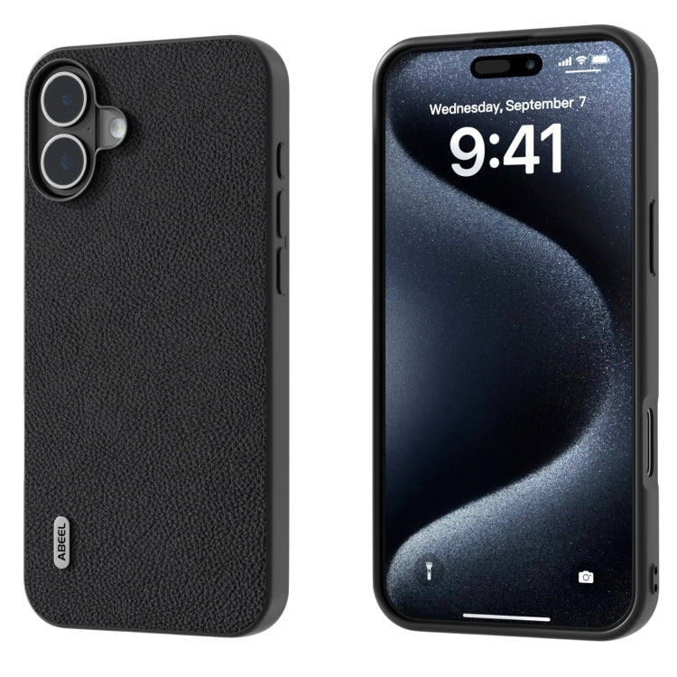 For iPhone 16 ABEEL Genuine Leather + PC Litchi Texture Phone Case(Black) - iPhone 16 Cases by buy2fix | Online Shopping UK | buy2fix