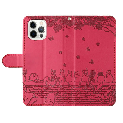 For iPhone 16 Pro Max Cat Embossing Pattern Leather Phone Case with Lanyard(Red) - iPhone 16 Pro Max Cases by buy2fix | Online Shopping UK | buy2fix