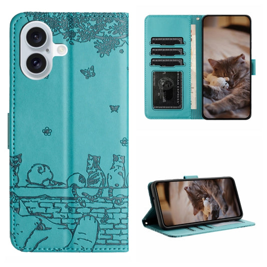 For iPhone 16 Plus Cat Embossing Pattern Leather Phone Case with Lanyard(Blue) - iPhone 16 Plus Cases by buy2fix | Online Shopping UK | buy2fix