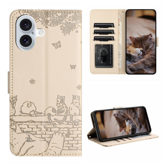 For iPhone 16 Plus Cat Embossing Pattern Leather Phone Case with Lanyard(Beige) - iPhone 16 Plus Cases by buy2fix | Online Shopping UK | buy2fix