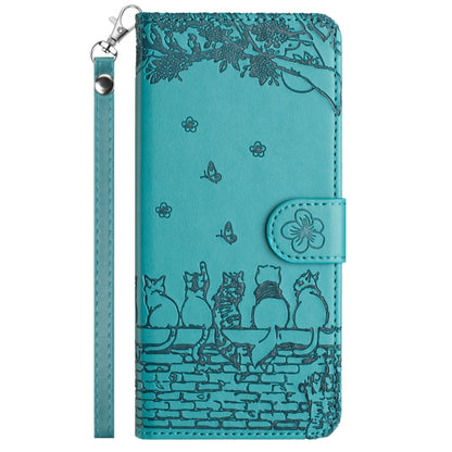 For Samsung Galaxy S22 Cat Embossing Pattern Leather Phone Case with Lanyard(Blue) - Galaxy S22 5G Cases by buy2fix | Online Shopping UK | buy2fix