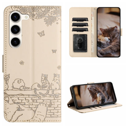 For Samsung Galaxy S23 Cat Embossing Pattern Leather Phone Case with Lanyard(Beige) - Galaxy S23 5G Cases by buy2fix | Online Shopping UK | buy2fix