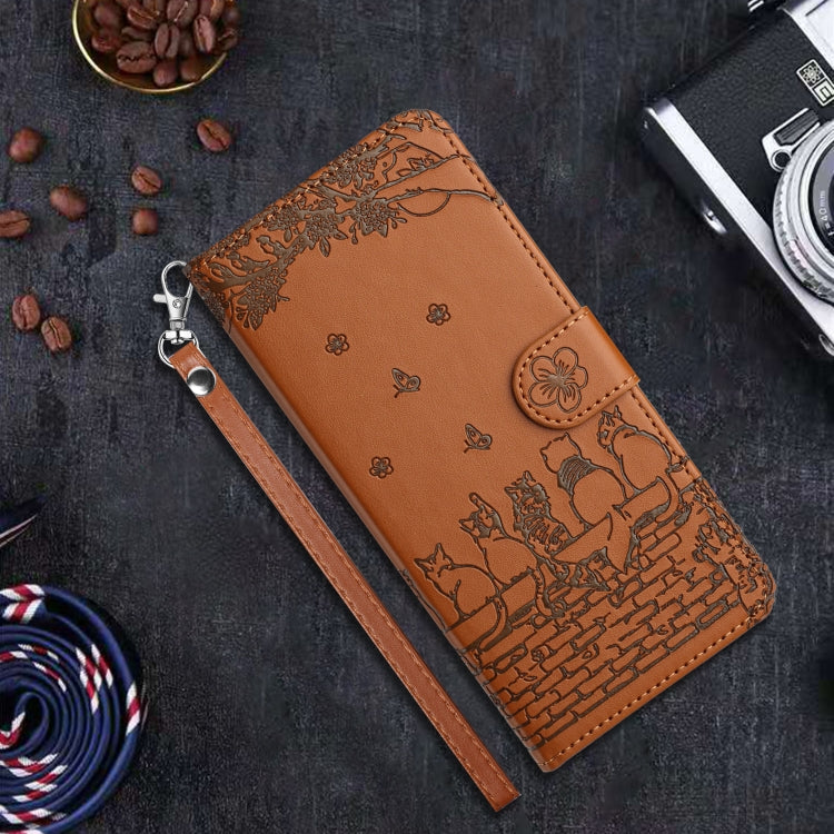 For Xiaomi Redmi Note 13 4G Cat Embossing Pattern Leather Phone Case with Lanyard(Brown) - Note 13 Cases by buy2fix | Online Shopping UK | buy2fix