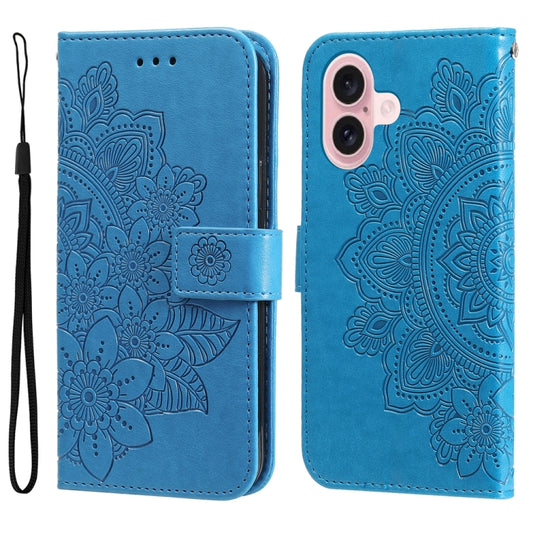 For iPhone 16 7-petal Flowers Embossing Leather Phone Case(Blue) - iPhone 16 Cases by buy2fix | Online Shopping UK | buy2fix