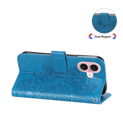 For iPhone 16 7-petal Flowers Embossing Leather Phone Case(Blue) - iPhone 16 Cases by buy2fix | Online Shopping UK | buy2fix