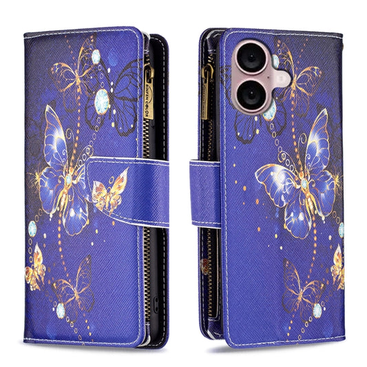 For iPhone 16 Colored Drawing Pattern Zipper Phone Leather Case(Purple Butterfly) - iPhone 16 Cases by buy2fix | Online Shopping UK | buy2fix