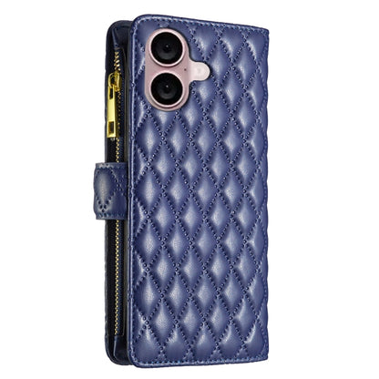 For iPhone 16 Diamond Lattice Zipper Wallet Leather Flip Phone Case(Blue) - iPhone 16 Cases by buy2fix | Online Shopping UK | buy2fix