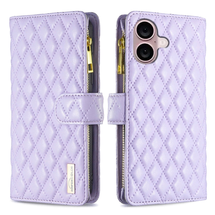 For iPhone 16 Plus Diamond Lattice Zipper Wallet Leather Flip Phone Case(Purple) - iPhone 16 Plus Cases by buy2fix | Online Shopping UK | buy2fix